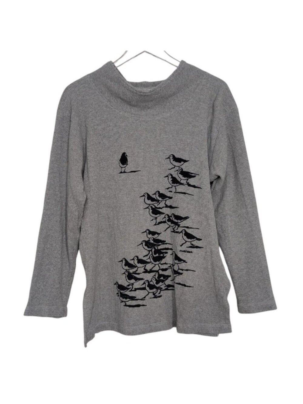 Marushka Waffle Knit Sandpipers Shirt Womens Size XL Gray Nautical Lagenlook